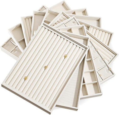 Dansmiy Linen Stackable Bracelet Necklace Storage Tray, Pendant Long Chain Jewelry Display Tray, Jeweler Shop Counter Showcase Table Top Organizers, Makeup Table Drawer Insert Jewelry Tray