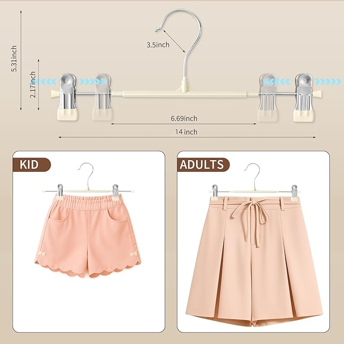 HWAJAN 60PACK 14Inch Pants Hangers with Clips Adjustable Skirt Hangers for Women Black Metal Non-Slip Trousers Hanger Heavy Duty Space Saving Clothes Hanger for Shorts,Jeans,Lvory