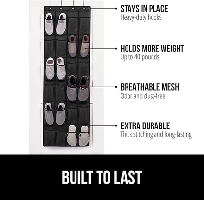GORILLA GRIP Over the Door Shoe Organizer, 24 Large Breathable Mesh Pockets, Space Saving Hanging Storage Holder, Closet Rack Hanger Holds Up to 40 lbs, Hangs on Closets for Shoes, Accessories, Black