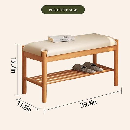 Solid Wood Shoe Bench with Cushion, 2-Tier Shoe Rack for Front Door Entrance, Enterway Benches with Shoe Storage (Natural, 39.4in)