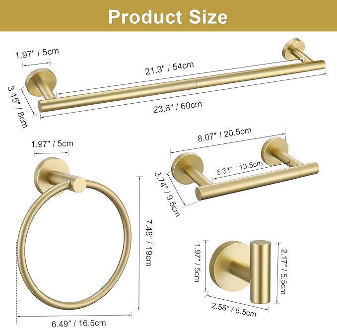 5 Pieces Brushed Gold Towel Bar Set, Upgraded Round Bathroom Hardware Accessories Set, Toilet Paper Holder Towel Holder Set for Bathroom Stainless Steel Wall Mounted 23.6Inch