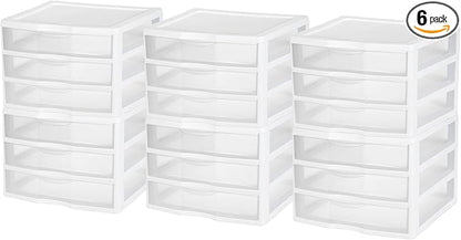 Sterilite 6-Pack Wide 3 Drawer Unit, Plastic Desktop Organizer with Clear Drawers, White Frame - Stackable Multi-Purpose Storage for Office Supplies, Craft Rooms, Classrooms and Home Organization