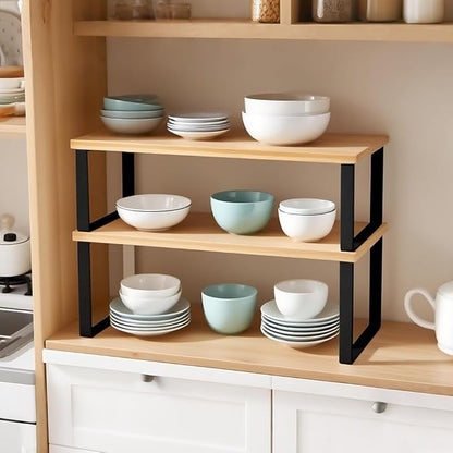 Kitchen Cabinet Organizer Shelf, Set of 2 Stackable Counter Shelves, Small Wood Cabinet Riser Shelf for Pantry Cupboard Spice Dish Mug Cup, Expandable, Metal Engineered Wood (Beige & Black, 15.6''W)
