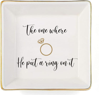 JOYIMARR Engagement Gifts for Women Ring Dish Tray - Bride to Be Newly Engaged Gifts-The One Where He Put A Ring On It - Funny Wedding Gift