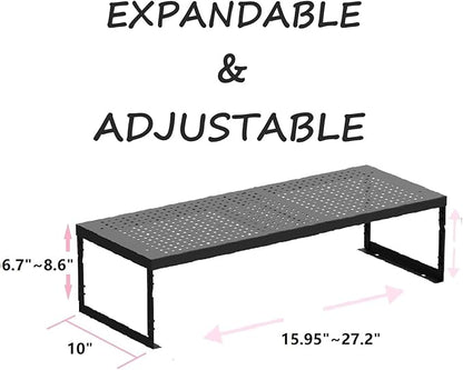 Stackable Expandable Metal Shelf Organizer - Adjustable Wire Storage Rack with Holes for Kitchen, Bathroom, Cabinet, Office - Space Saving, Durable & Sturdy Design（1PACK/Large/Black