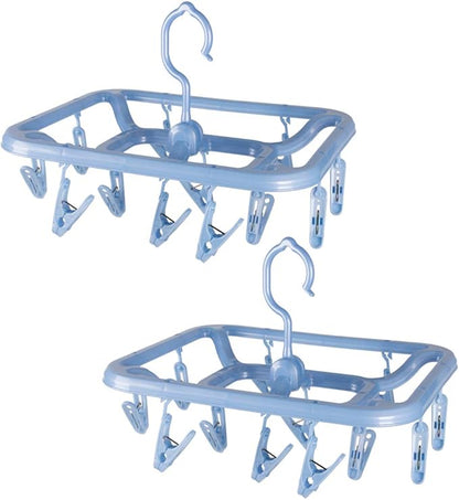 Small Clip & Drip Hanger 2-Pack, 12 Clips & 360 Rotatable Hook, Drying Hanger for Towels, Bras, Baby Clothes, Gloves, Blue
