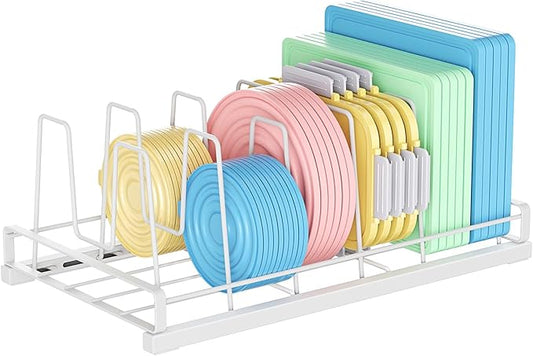 ZDDLOINP Food Container Lid Organizer for Cabinet,with 6 Adjustable Dividers Detachable,Metal Pot Lid Organizer Rack Storage Plastic Lids Pots Bakeware for Cabinets, Cupboards,Pantry, Drawers (White)
