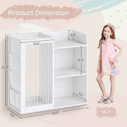 Kids Bookshelf and Toy Storage Organizer, 3 Tier Bookcase for Kids Rooms, Book Shelf with Stuffed Animal Storage, Side Oxford Fabric Pockets, for Playroom, Nursery, Bedroom, White CW02WT