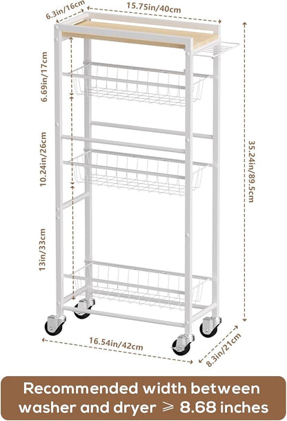 4 Tier Slim Rolling Storage Cart with Pull-Out Baskets, Narrow Sliding Storage Slim Laundry Cart Slim Rolling Kitchen Cart