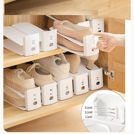 Shoe Slots Organizer 10 Pack - Shoe Stackers, Space Savers 50%, 3 Levels Adjustable, Double Layer Holders for Closet, Space Saver for Entryway,White