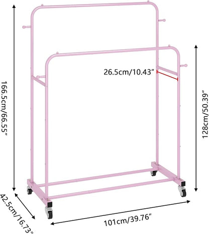 Laiensia Double Rods Garment Rack with Wheels, Clothing Rack for Hanging Clothes,4 Hooks, Multi-Functional Bedroom Clothes Rack, Pink