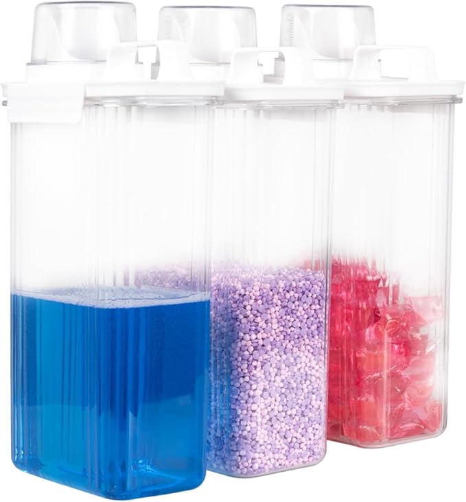 95oz Laundry Detergent Container, 2 Pack Plastic Liquid Detergent Dispenser for Laundry Room Powder,Soap,Fabric Softener, Scent Beads Storage and Organization,with 5 Labels.(3, 95oz)