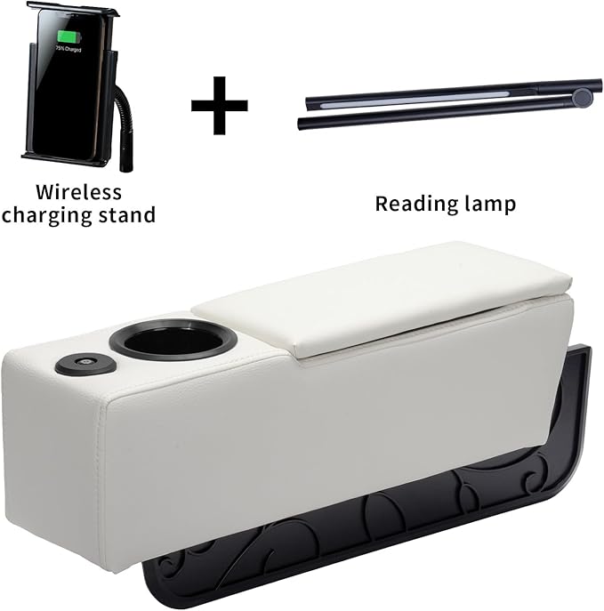 Sofa Armrest with Cup Holder, PU Leather Multifunctional Couch Arm Rest Insert, Removable Couch Caddy with Storage, Equipped with LED Reading Light & Wireless Charge Stand