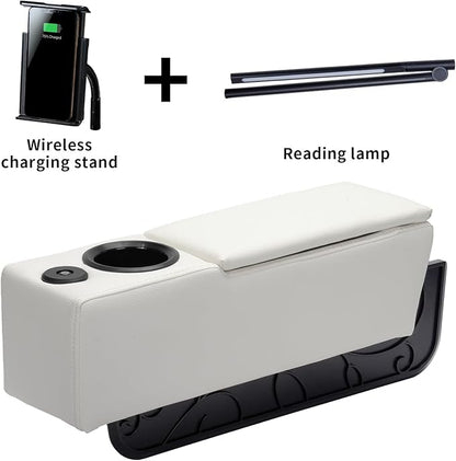 Sofa Armrest with Cup Holder, PU Leather Multifunctional Couch Arm Rest Insert, Removable Couch Caddy with Storage, Equipped with LED Reading Light & Wireless Charge Stand