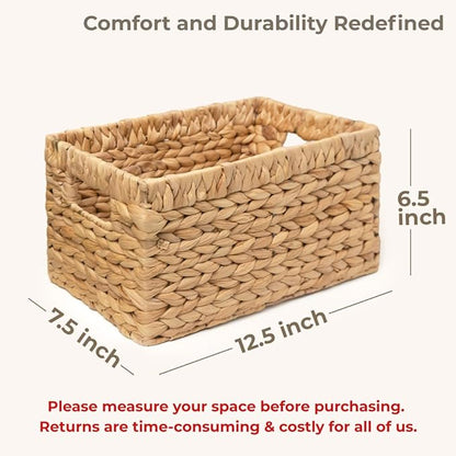 KOKODO Pack 3 Medium Wicker Storage Baskets with Handles, Stylish and Durable Water Hyacinth Rectangle Handwoven Basket Bin with Metal Frame & Handle for Room Organizing