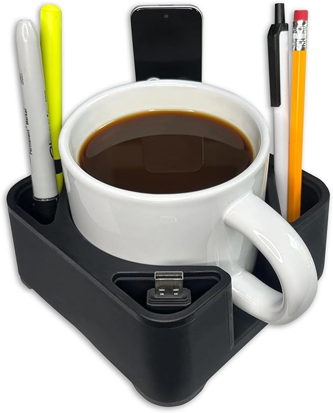 MugBrick Spill-Proof Mug Holder and Desk Organizer. Non-Tip Coffee Cup Holder with Pockets for Pens and Small Remotes. Ideal for Bed, Desktop or Couch, Gift for Coffee Drinkers, Black