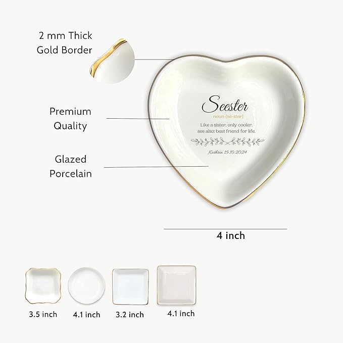 HatafaFurni Personalized Ring Dish Holder for Sister from Sister, Seester Noun Jewelry Dish for Wedding Christmas Birthday Gift, Customized Ceramic Trinket Tray for Bonus Sister, Funny Saying Gifts