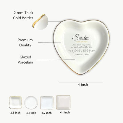 HatafaFurni Personalized Ring Dish Holder for Sister from Sister, Seester Noun Jewelry Dish for Wedding Christmas Birthday Gift, Customized Ceramic Trinket Tray for Bonus Sister, Funny Saying Gifts