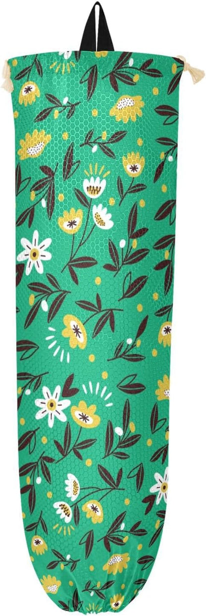 2 PCS Plastic Bag Holder - Wall Mount Grocery & Trash Bag Storage Organizer - 22 x 9 Inch - Small Flowers - Green