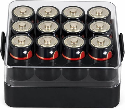ALCYON Battery Organizer Storage Case, Battery Vault Box Container for 16pcs C Batteries, Plastic Clear Protective Battery Holder for Travelling/Home/Office (Black, Medium)