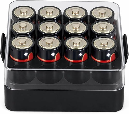 ALCYON Battery Organizer Storage Case, Battery Vault Box Container for 16pcs C Batteries, Plastic Clear Protective Battery Holder for Travelling/Home/Office (Black, Medium)