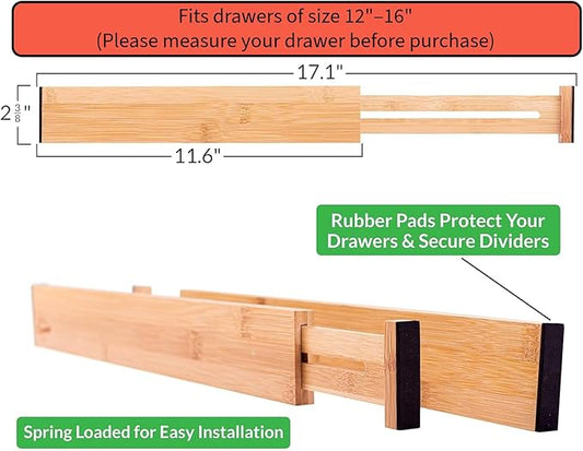 Adjustable Bamboo Drawer Dividers Organizers Expandable (12-16") Kitchen Drawer Organizer Spring Loaded for Kitchen, Dresser, Bathroom, Bedroom, Desk 6-pack Small