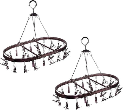 Underwear Drying Rack with 26 Clips - Aluminum Hanging Drying Rack for Socks, Baby Clothes & Lingerie | Space-Saving Oval Design & Wind-Resistant Hooks (Dark Red) - 2 Pack