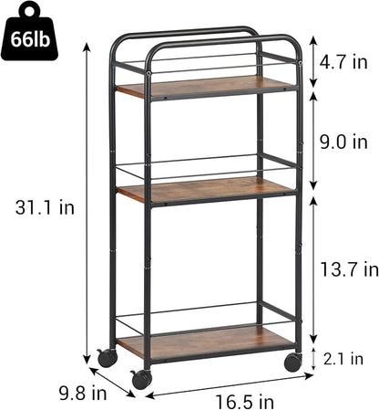 Bar Cart, Small Bar Cart for Small Spaces, 3-Tier Rolling Kitchen Cart on Wheels, Slim Narrow Liquor Cart with Protective Fence, Industrial Mini Coffee Station for Home, Rustic Brown