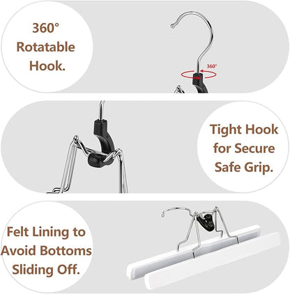 AMKUFO 12 Pack White Wooden Pants Hangers with Clips Non Slip Skirt Hangers Trouser Clamp Hanger Solid Wood Hanger with 360° Swivel Hook