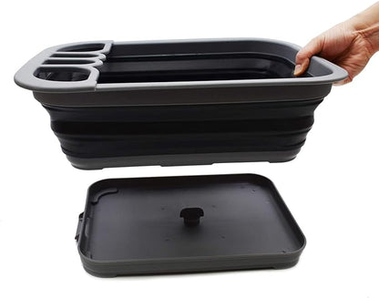 SAMMART Collapsible Dish Drainer with Drainer Board - Foldable Drying Rack Set - Portable Dinnerware Organizer - Space Saving Kitchen Storage Tray (1, Grey/Black)