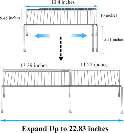 Kitchen Cabinet Expandable Shelf Organizers Set of 2, Adjustable Metal Wire Pantry Storage Shelves, Plate Dish Organizer Rack for Cabinets, Cupboard, Counter, Freezer, Countertop, Chrome