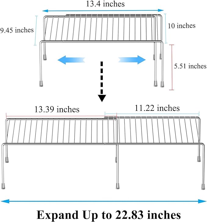 Kitchen Cabinet Expandable Shelf Organizers Set of 4, Adjustable Metal Wire Pantry Storage Shelves, Plate Dish Organizer Rack for Cabinets, Cupboard, Counter, Freezer, Countertop, Chrome