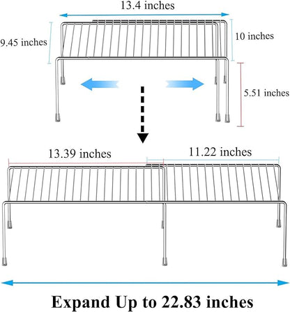 Kitchen Cabinet Expandable Shelf Organizers Set of 4, Adjustable Metal Wire Pantry Storage Shelves, Plate Dish Organizer Rack for Cabinets, Cupboard, Counter, Freezer, Countertop, Chrome