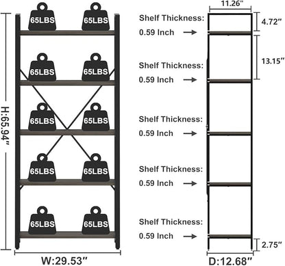 FATORRI 5 Tier Industrial Bookshelf, Rustic Etagere Bookcase for Display, Vintage Shelving Unit Wood and Metal Tall Book Shelves for Home Office (Walnut Brown)
