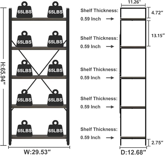 FATORRI 5 Tier Industrial Bookshelf, Rustic Etagere Bookcase for Display, Vintage Shelving Unit Wood and Metal Tall Book Shelves for Home Office (Walnut Brown)