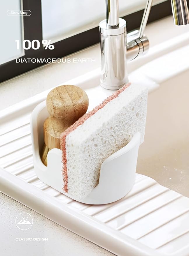 Slow Slog Double Sponge Holder, Water-Absorbing Stone Dish Sponge Caddy for Kitchen Sink Counter, Fast-Drying Stone Sponge Holder with 6 Sponges and 1 Brush, White