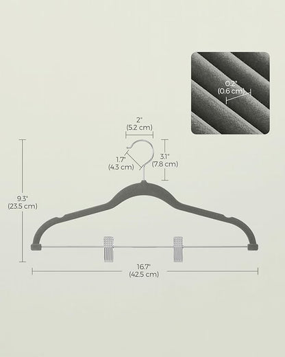 SONGMICS 20-Pack Pants Hangers, 16.7-Inch Long Velvet Hangers with Adjustable Clips, Heavy-Duty, Non-Slip Skirt Hangers, Space-Saving for Pants, Skirts, Coats, Dresses, Gray UCRF012G20