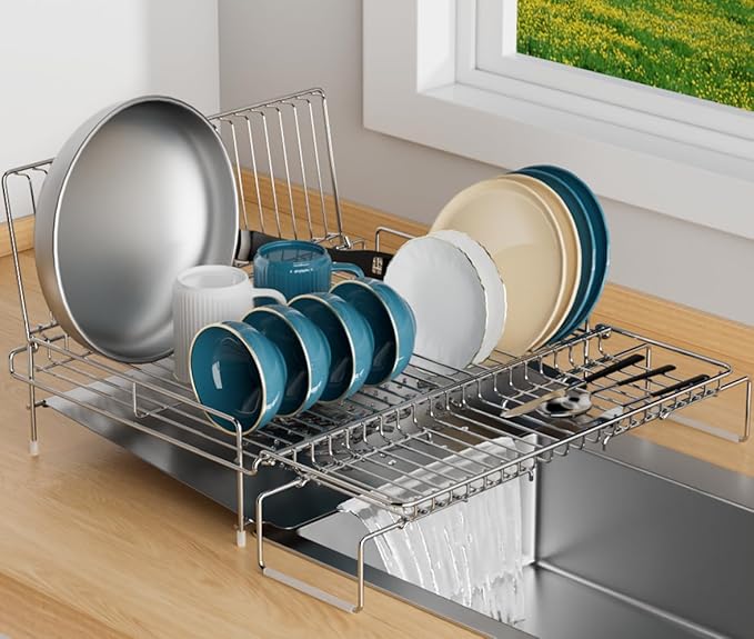 Dish Drying Rack - Stainless Steel Expandable Large Dish Drainer for Kitchen Counter, with Stainless Drain Board Rustproof Collapsible Organizer Space Saving