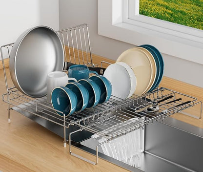 Dish Drying Rack - Stainless Steel Expandable Large Dish Drainer for Kitchen Counter, with Stainless Drain Board Rustproof Collapsible Organizer Space Saving
