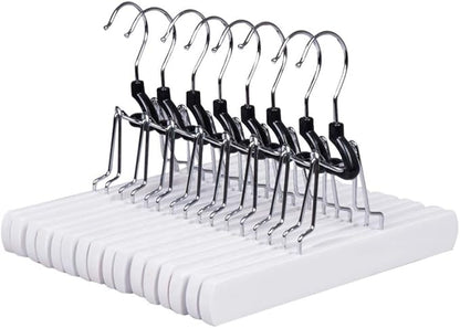 Amber Home 10 Pack White Wooden Pants Hangers, Wood Clamp Hangers with Non Slip Padded Velvet, Jeans/Slacks Hangers Hair Extension Hangers for Skirts, Trousers, Wigs (White, 10)