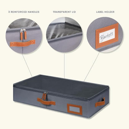 OrganiHaus Under Bed Storage Containers, Bedroom Storage and Organization Bins, Clothes Organizer for Closet with Clear Cover and Reinforced Handles - Set of 2 23.5x12.5x5 inches Gray