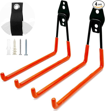 Heavy Duty Garage Storage Hooks, 4 Pack Utility Steel Garage Tool Organizer Wall Mount for Hanging Power and Garden Tools Ladders Hoses Bikes Ropes & Bulk Items
