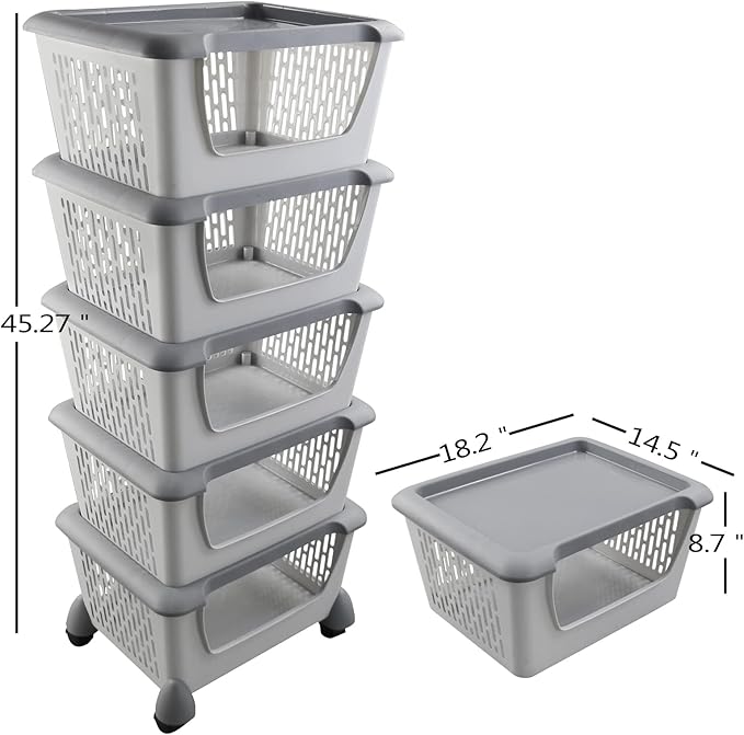 5-Tier Plastic Stackable Storage Bins for Pantry, Stacking Organizing Baskets with Wheels