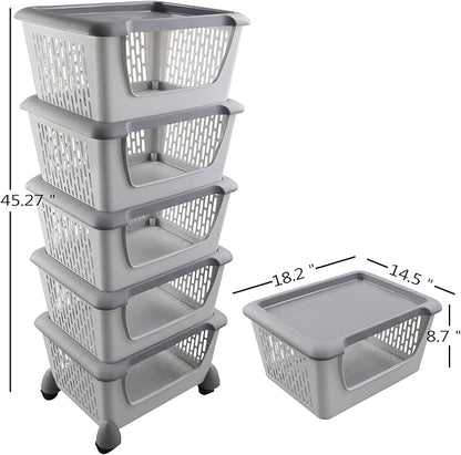 5-Tier Plastic Stackable Storage Bins for Pantry, Stacking Organizing Baskets with Wheels