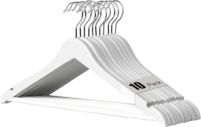 Hapmira Premium Wooden Hangers 10 Pack, Natural Solid Wood Hangers with Trouser Rods and Shoulder Notches, Space Saving for Suits, Shirts, Jackets, Dresses and Pants (10, White)