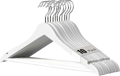 Hapmira Premium Wooden Hangers 10 Pack, Natural Solid Wood Hangers with Trouser Rods and Shoulder Notches, Space Saving for Suits, Shirts, Jackets, Dresses and Pants (10, White)