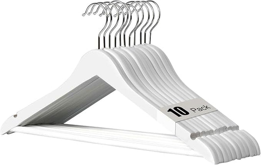 Hapmira Premium Wooden Hangers 10 Pack, Natural Solid Wood Hangers with Trouser Rods and Shoulder Notches, Space Saving for Suits, Shirts, Jackets, Dresses and Pants (10, White)