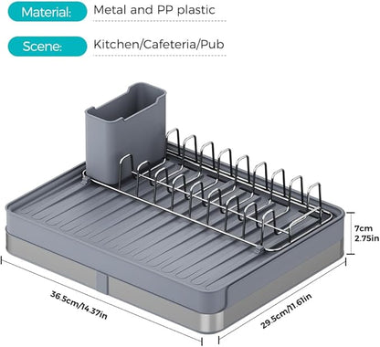 YOJIA Stainless Steel Dish Drying Rack, Extendable Dish Drainer Rack, Drainboard, Detachable Cup Shelf, Rustproof Multifunctional Organizer for Kitchen Counter, Cup Holders, Utensil Holder (14-Grey)