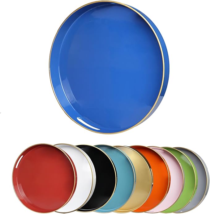 Blue Round Decorative Tray with Handles, 13" Elegant Coffee Table Serving Tray for Ottoman Living Room, Bathroom, Outdoors, Breakfast
