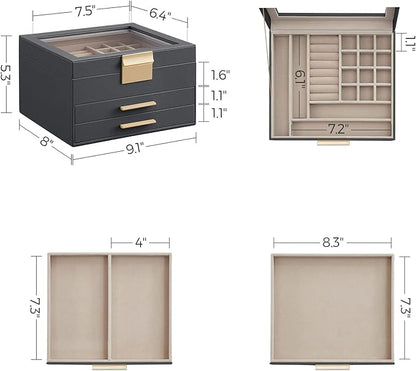 SONGMICS Jewelry Box Organizer with Glass Lid, 3-Layer Jewelry Storage, with 2 Drawers, Modern Style, 8 x 9.1 x 5.3 Inches, Interstellar Gray and Gold Color UJBC239G02